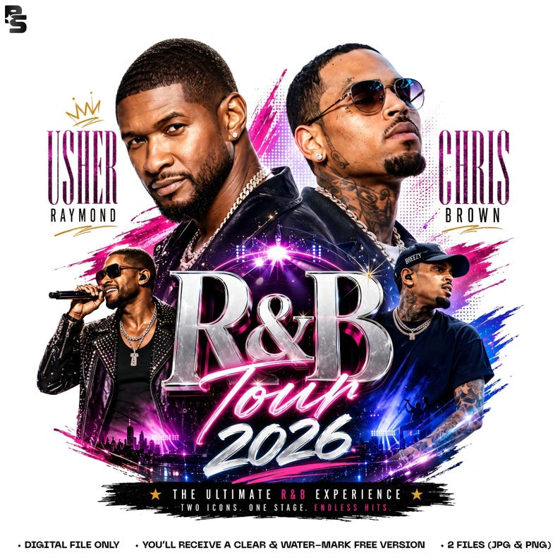 May include: A promotional poster for the R&B Tour 2026 featuring portraits of Usher Raymond and Chris Brown. The design includes the text R&B Tour 2026, The Ultimate R&B Experience, Two Icons. One Stage. Endless Hits, and 4096 x 4096 PX | PRINT-READY | 300-DPI.