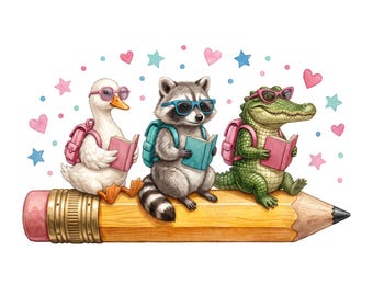 Back To School Animal Crew PNG, Cute Raccoon Alligator Duck Sublimation Design, Teacher First Day of School Shirt Digital Download Png