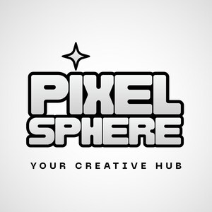 May include: A graphic logo featuring the text PIXEL SPHERE in bold, blocky, light gray letters with a thick black outline. Above the word PIXEL is a four-pointed star icon. Below the main text, the phrase YOUR CREATIVE HUB is written in black.