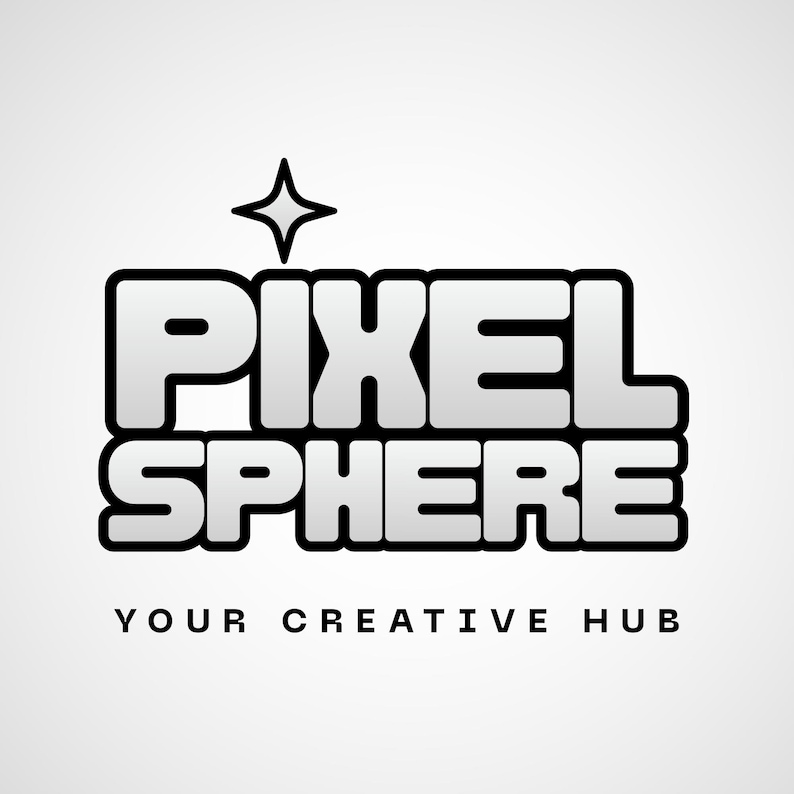 May include: A graphic logo featuring the text PIXEL SPHERE in bold, blocky, light gray letters with a thick black outline. Above the word PIXEL is a four-pointed star icon. Below the main text, the phrase YOUR CREATIVE HUB is written in black.