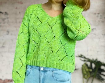 Hand Knit Green Sweater, Women's Lace Knit Jumper, Diamond Pattern Pullover, Cropped Knit Top, Statement Sleeve Sweater