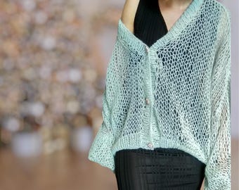 Luxury Hand Knitted Openwork Cardigan, Lightweight Wool Mohair Cardigan, Elegant V Neck Knit Sweater