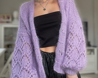 Hand Knitted Mohair Sweater, Cardigan with Lace Sleeves, Soft Oversized Knit, Custom Color & Size