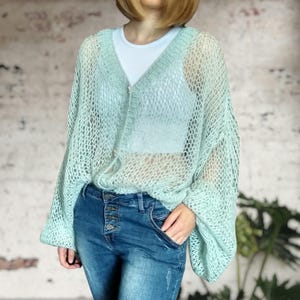 Hand-Knitted Oversized Mohair Cardigan – Light Mint | Sheer, Lightweight, Airy Knitwear | Boho Chic Sweater Layer