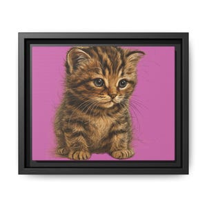 Cute Kitten Art Print, Framed Cat Canvas, Pet Lover Decor, Kids Room Wall Art, Birthday Gift, Pink Cat Framed Print