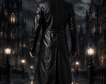Men's Black Leather Gothic Vampire Trench Coat, Steampunk Duster