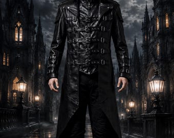 Men's Black Leather Gothic Vampire Trench Coat, Steampunk Duster