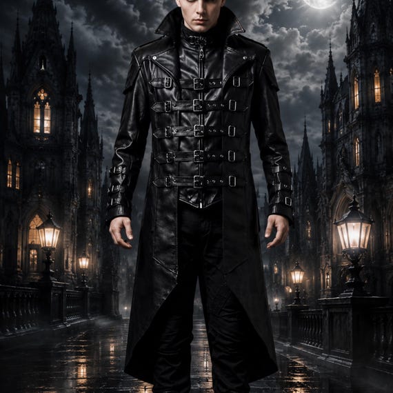 Men's Black Leather Gothic Vampire Trench Coat, Steampunk Duster