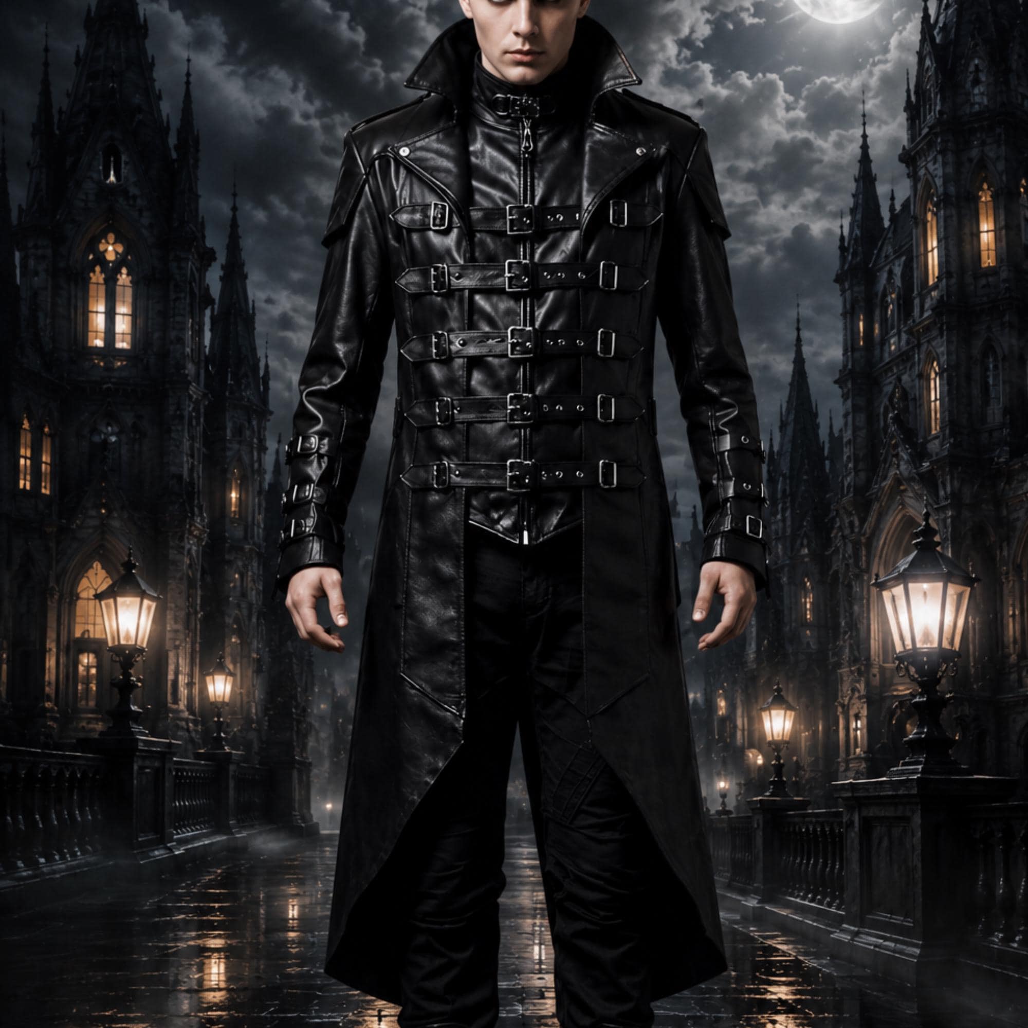 Men's Black Leather Gothic Vampire Trench Coat, Steampunk Duster