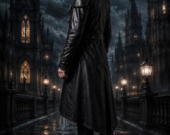 Men's Black Leather Gothic Vampire Trench Coat, Steampunk Duster
