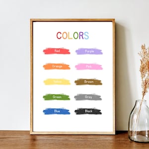 Peut inclure: Une affiche encadrée avec le mot "COULEURS" en lettres colorées. En dessous, des échantillons de couleurs : rouge, orange, jaune, vert, bleu, violet, rose, marron, gris et noir. L'affiche est dans un cadre en bois.