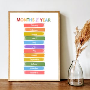 May include: A wooden framed print displaying the words "MONTHS of the YEAR" in various colours. Each month is listed on a coloured bar: January, February, March, April, May, June, July, August, September, October, November, and December.