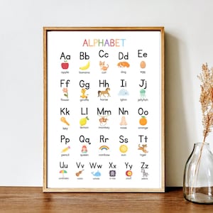 May include: Alphabet poster in a wooden frame. Each letter is paired with a colourful illustration, like an apple for A, a banana for B, and a cat for C. The word "ALPHABET" is at the top in rainbow colours.