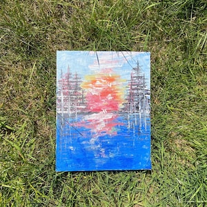 Mini Sunset Landscape Painting – Original Acrylic Artwork | Vibrant Nature Wall Art | Small Canvas Painting for Home Decor | Sunset Painting