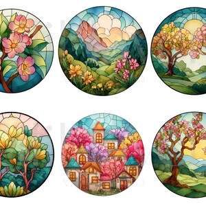 May include: A collection of six circular stained-glass designs. Each features a different nature scene, including flowering trees, mountains, and a village. The designs use a vibrant color palette of blues, greens, pinks, and yellows, with a sun or sky background.