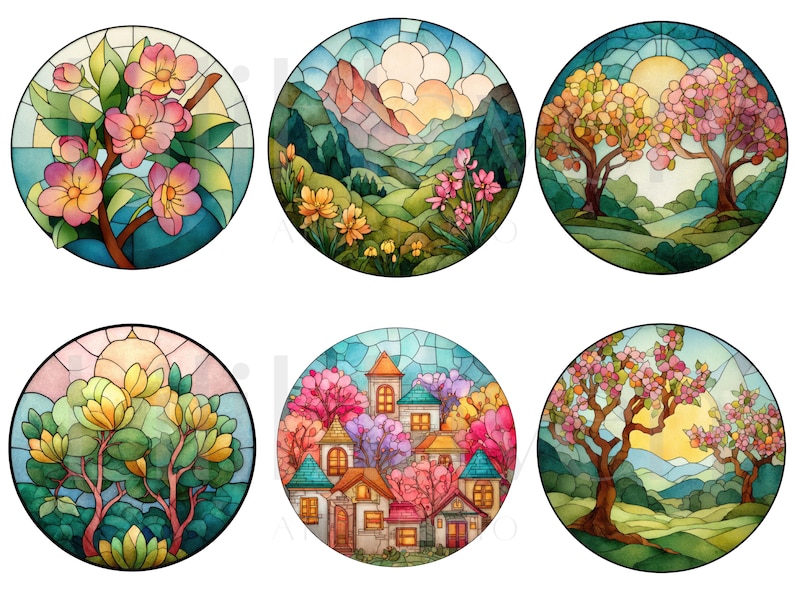 May include: A collection of six circular stained-glass designs. Each features a different nature scene, including flowering trees, mountains, and a village. The designs use a vibrant color palette of blues, greens, pinks, and yellows, with a sun or sky background.