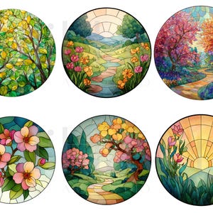 May include: A collection of six round stained glass designs. Each features a different nature scene, including trees, flowers, and landscapes. The color palette includes greens, yellows, pinks, and blues, creating a vibrant and artistic display.