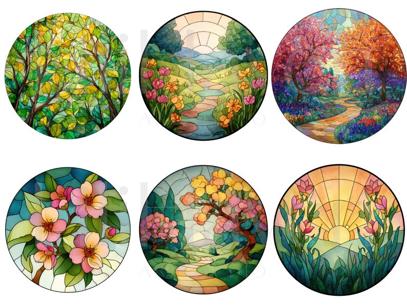May include: A collection of six round stained glass designs. Each features a different nature scene, including trees, flowers, and landscapes. The color palette includes greens, yellows, pinks, and blues, creating a vibrant and artistic display.