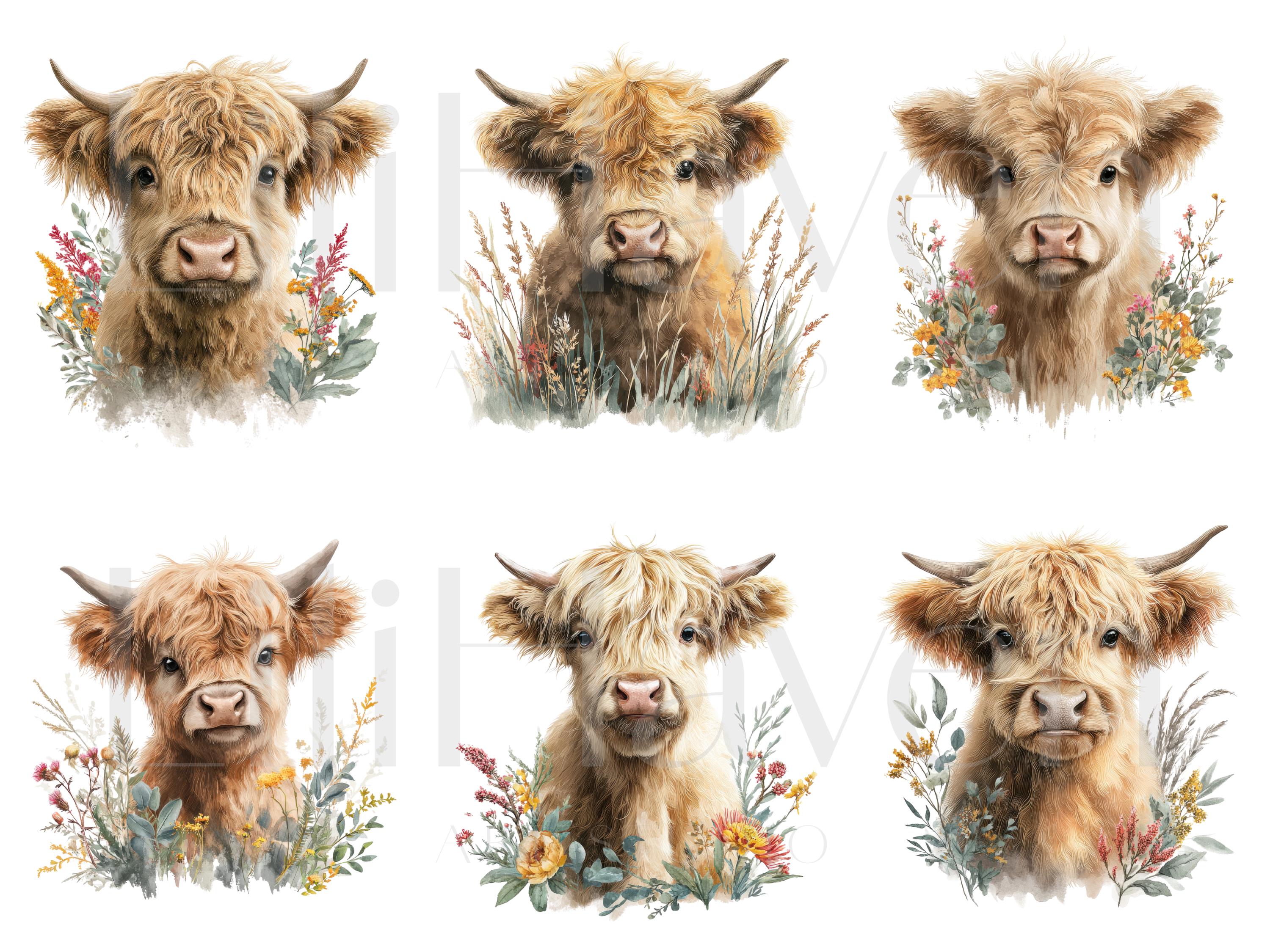 Highland Cow Watercolor Clipart Set, Cute Baby Highland Cattle PNG ...