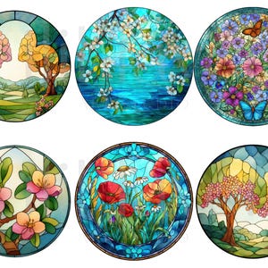 May include: Six round stained glass designs featuring nature scenes. The designs include flowering trees, a lake scene, flowers with butterflies, and poppies. Each design has a colorful, mosaic-like appearance with a dark border.