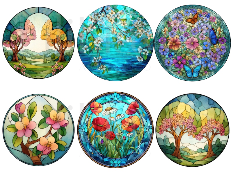May include: Six round stained glass designs featuring nature scenes. The designs include flowering trees, a lake scene, flowers with butterflies, and poppies. Each design has a colorful, mosaic-like appearance with a dark border.