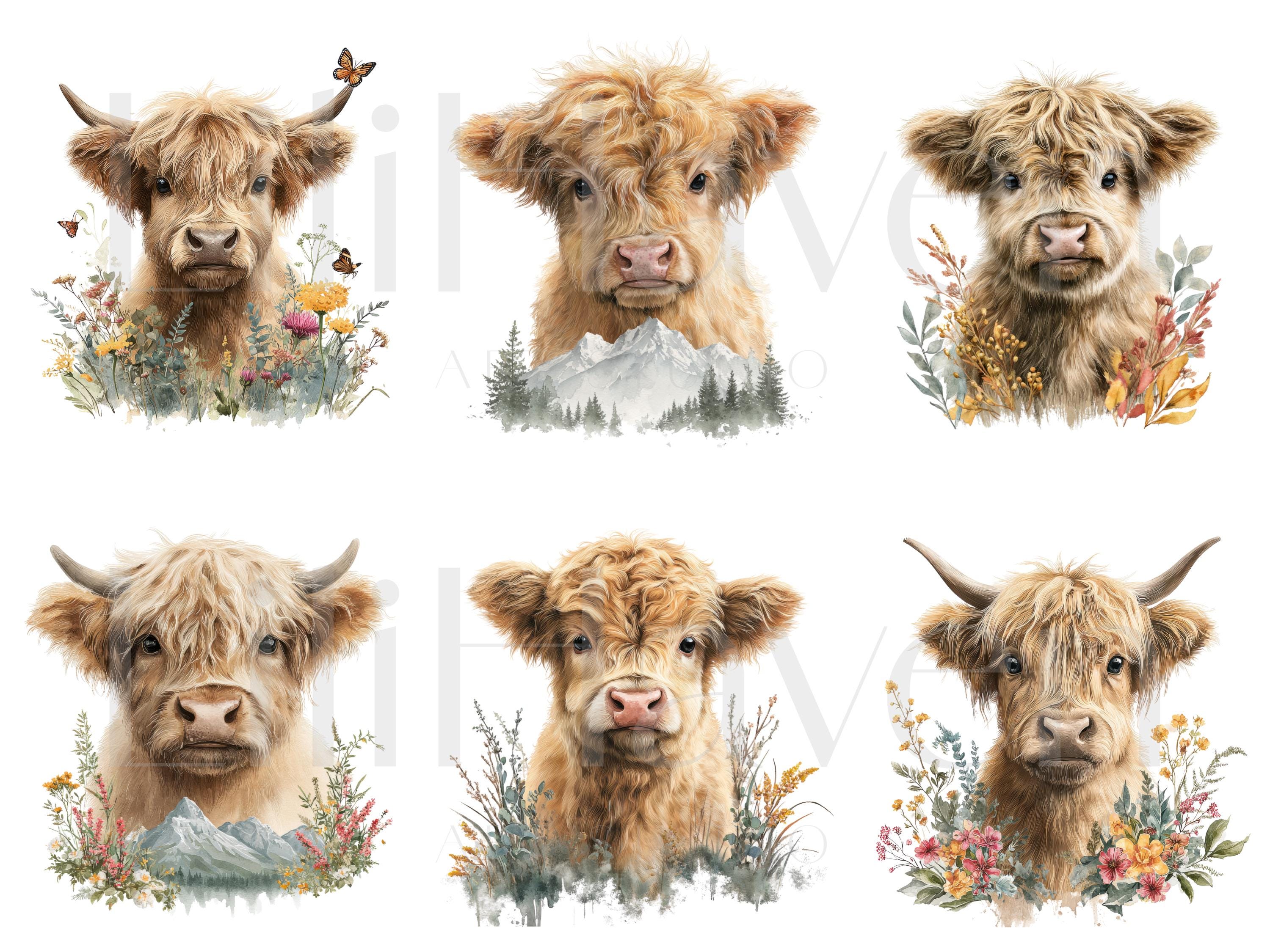 Highland Cow Watercolor Clipart Set, Cute Baby Highland Cattle PNG ...