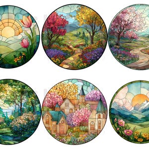 May include: A collection of six round stained glass designs featuring various landscape scenes. Each design showcases vibrant colors and intricate details, including flowers, trees, pathways, and buildings. The designs evoke a sense of nature and tranquility, with a focus on light and color.
