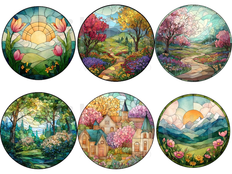 May include: A collection of six round stained glass designs featuring various landscape scenes. Each design showcases vibrant colors and intricate details, including flowers, trees, pathways, and buildings. The designs evoke a sense of nature and tranquility, with a focus on light and color.