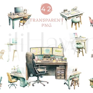 May include: Watercolor illustrations of various desks and workstations, each with a unique design. The images include computers, chairs, and office supplies, all rendered in a vintage, artistic style. The text "42 TRANSPARENT PNG" is visible.