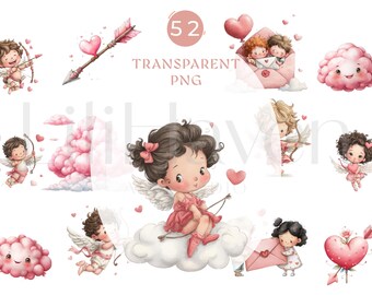 Valentine Cupid Clipart Bundle – Cute Watercolor Angels, Hearts & Love Elements PNG, Commercial Use