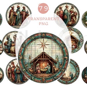 May include: A collection of round, stained-glass style images with religious themes. The images depict scenes such as the Nativity, the Three Wise Men, shepherds, and a lamb. The color palette includes blues, greens, reds, and browns.