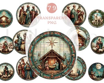 Puede incluir: Una colección de imágenes redondas, estilo vidriera, con temas religiosos. Las imágenes representan escenas como la Natividad, los Reyes Magos, pastores y un cordero. La paleta de colores incluye azules, verdes, rojos y marrones.