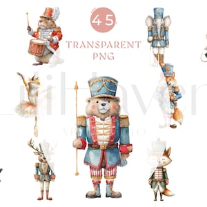 May include: Watercolor illustrations of various animal nutcracker figures in military-style uniforms. The collection includes a bear, mouse, elephant, fox, and rabbit, each with detailed costumes in blue, red, and gold. The image includes the text "45 TRANSPARENT PNG".