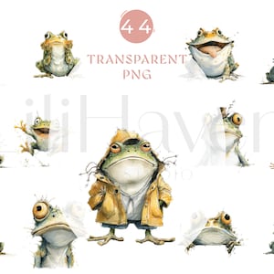 Puede incluir: Ilustraciones en acuarela de varias ranas en diferentes poses. Algunas ranas visten ropa, incluyendo un impermeable y un traje. La imagen incluye el texto "44 TRANSPARENT PNG".