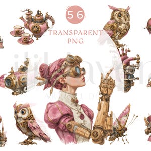 May include: Watercolor illustrations of steampunk-themed objects and characters. Includes a pink teapot set, an owl, a woman with goggles, a mechanical arm, a butterfly, a hot air balloon, a dragon, and a submarine. The text "TRANSPARENT PNG" is visible.
