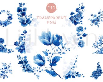 Blue Chinoiserie Clipart | 111 PNG Watercolor Porcelain Floral Art, Oriental Flowers & Dragon Illustrations
