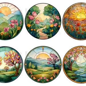 May include: A collection of six round stained glass designs featuring landscape scenes. Each design showcases a different natural setting, including mountains, flowers, trees, and a setting sun. The color palette includes blues, greens, yellows, and pinks.