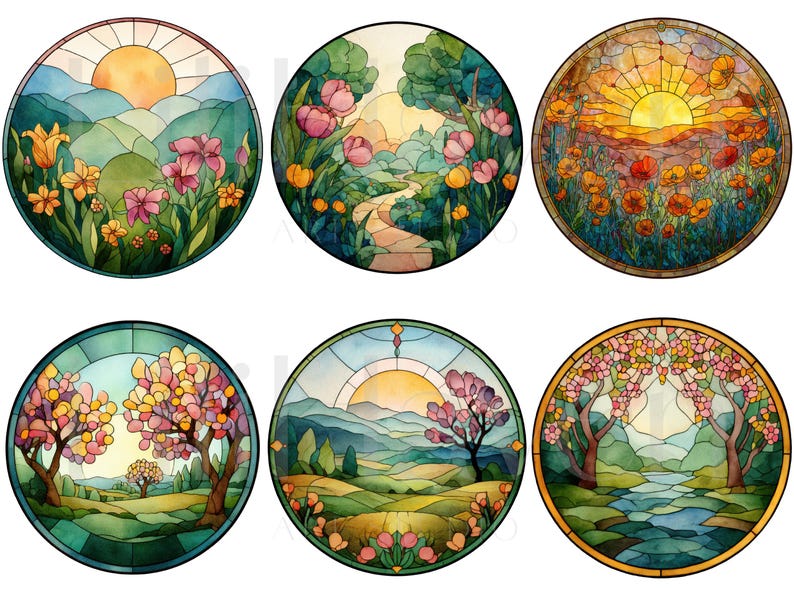 May include: A collection of six round stained glass designs featuring landscape scenes. Each design showcases a different natural setting, including mountains, flowers, trees, and a setting sun. The color palette includes blues, greens, yellows, and pinks.
