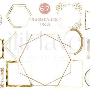 Puede incluir: Una colección de marcos dorados en varias formas, incluyendo círculos, cuadrados y diseños geométricos. Los marcos tienen un centro transparente, y la imagen incluye el texto "67 TRANSPARENT PNG".