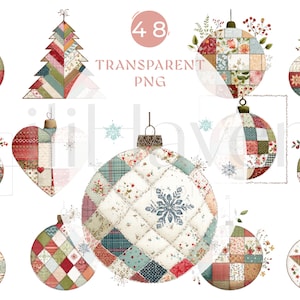 Może przedstawiać: Kolekcja ozdób choinkowych i choinki, wszystkie z patchworkowym wzorem. Ozdoby są okrągłe, w kształcie serca i gwiazdy, z różnymi wzorami i kolorami. Obraz zawiera tekst "48 TRANSPARENT PNG".