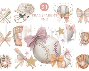 31 Watercolor Baseball Bow Clipart PNG, Coquette Softball Baseball Girl Bundle, Pink Helmet Glove Bats Stars, 300 DPI PNG