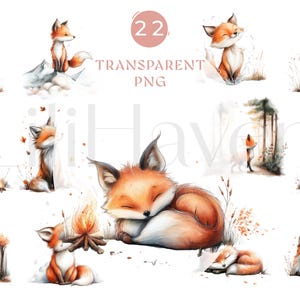 Cute Fox Clipart Bundle, 22 PNG Watercolor Fox Illustrations Autumn Forest Animals, Transparent Digital Download