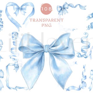 Könnte beinhalten: Aquarellillustrationen von hellblauen Bändern und Schleifen in verschiedenen Formen. Enthält ein herzförmiges Band, eine große Schleife und mehrere kleinere Schleifen- und Banddesigns. Der Text "TRANSPARENT PNG" ist ebenfalls sichtbar.