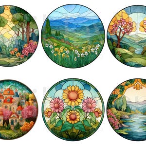 May include: Six round watercolor paintings depicting landscapes. Scenes include a forest, rolling hills with flowers, trees with pink blossoms, a town with red roofs, sunflowers and pink flowers, and a river scene.