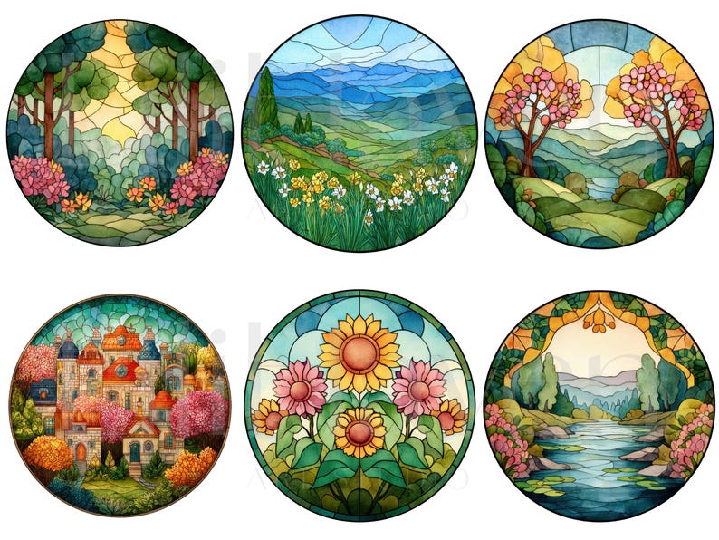 May include: Six round watercolor paintings depicting landscapes. Scenes include a forest, rolling hills with flowers, trees with pink blossoms, a town with red roofs, sunflowers and pink flowers, and a river scene.
