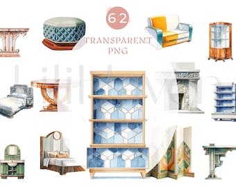 Art Deco Furniture Clipart Set – Vintage Luxury Interior Watercolor PNG, Elegant 1920s Furniture Illustrations