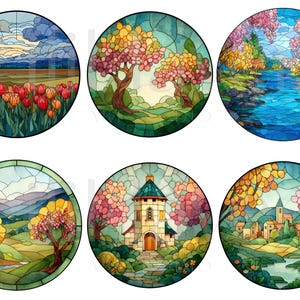 May include: Six round stained glass designs featuring colorful landscapes. Scenes include a field of tulips, flowering trees, a river scene, rolling hills, a church, and a village, all with a watercolor effect.