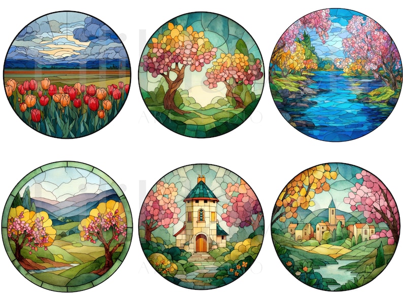May include: Six round stained glass designs featuring colorful landscapes. Scenes include a field of tulips, flowering trees, a river scene, rolling hills, a church, and a village, all with a watercolor effect.