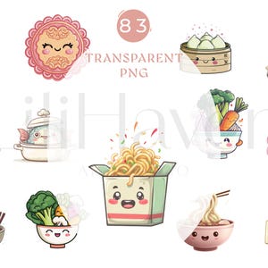 Kawaii Chinese Food Clipart PNG Bundle, Cute Dumplings Noodles Dim Sum, Asian Food Cartoon, Planner Stickers, Commercial Use