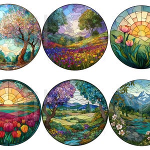 May include: Six round stained glass designs featuring landscapes. Each design showcases a different scene, including trees, flowers, mountains, and sunsets. The color palettes vary, with vibrant blues, greens, pinks, and yellows dominating the artwork.